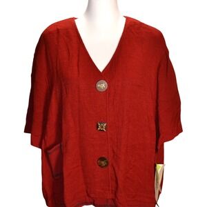 Earth Song Jacket Womens 24W Red Good Short Sleeve Rayon Artistic Button Front